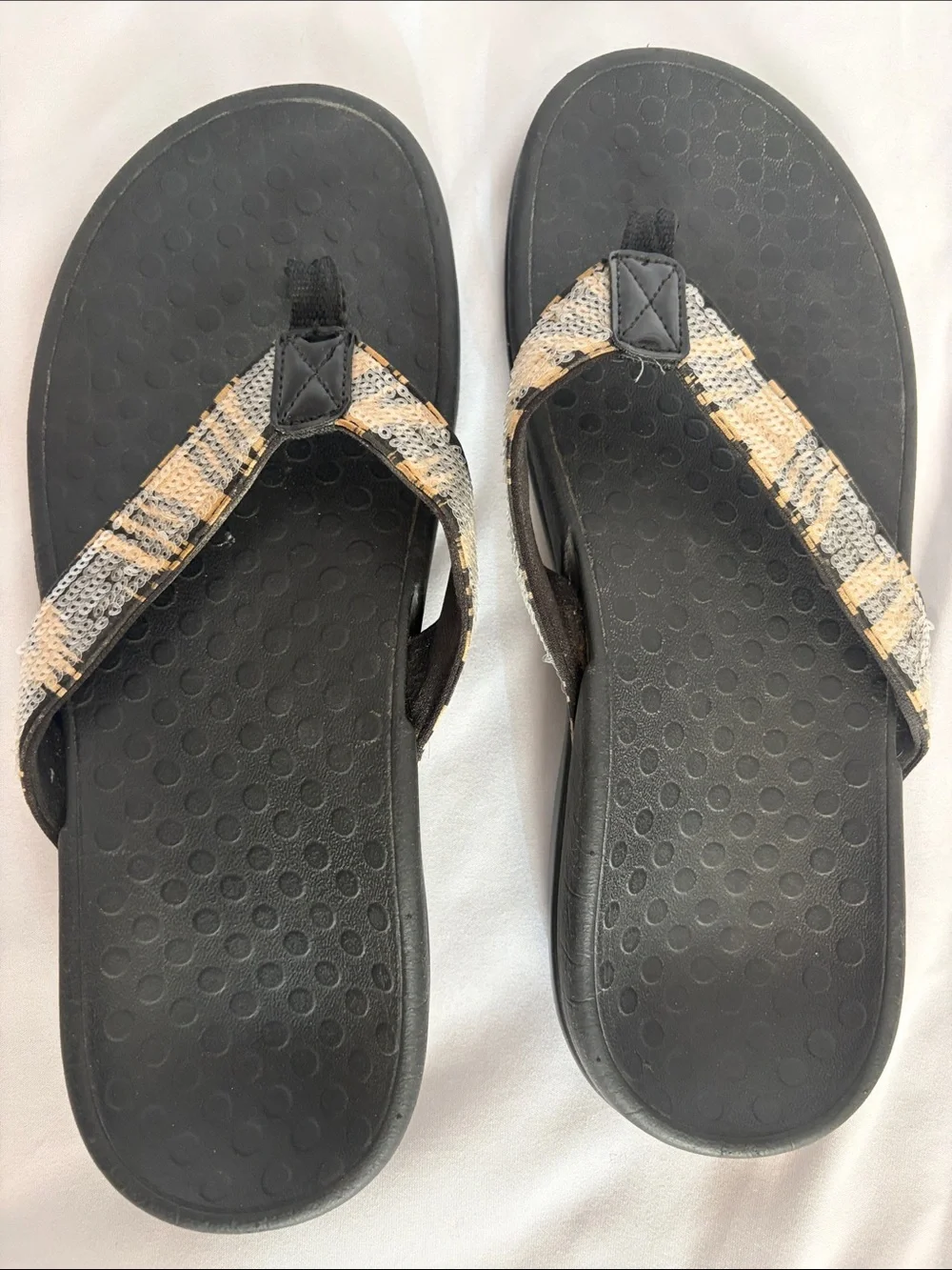 Vionic Black Sandals with Sequined Beige and Tan Straps